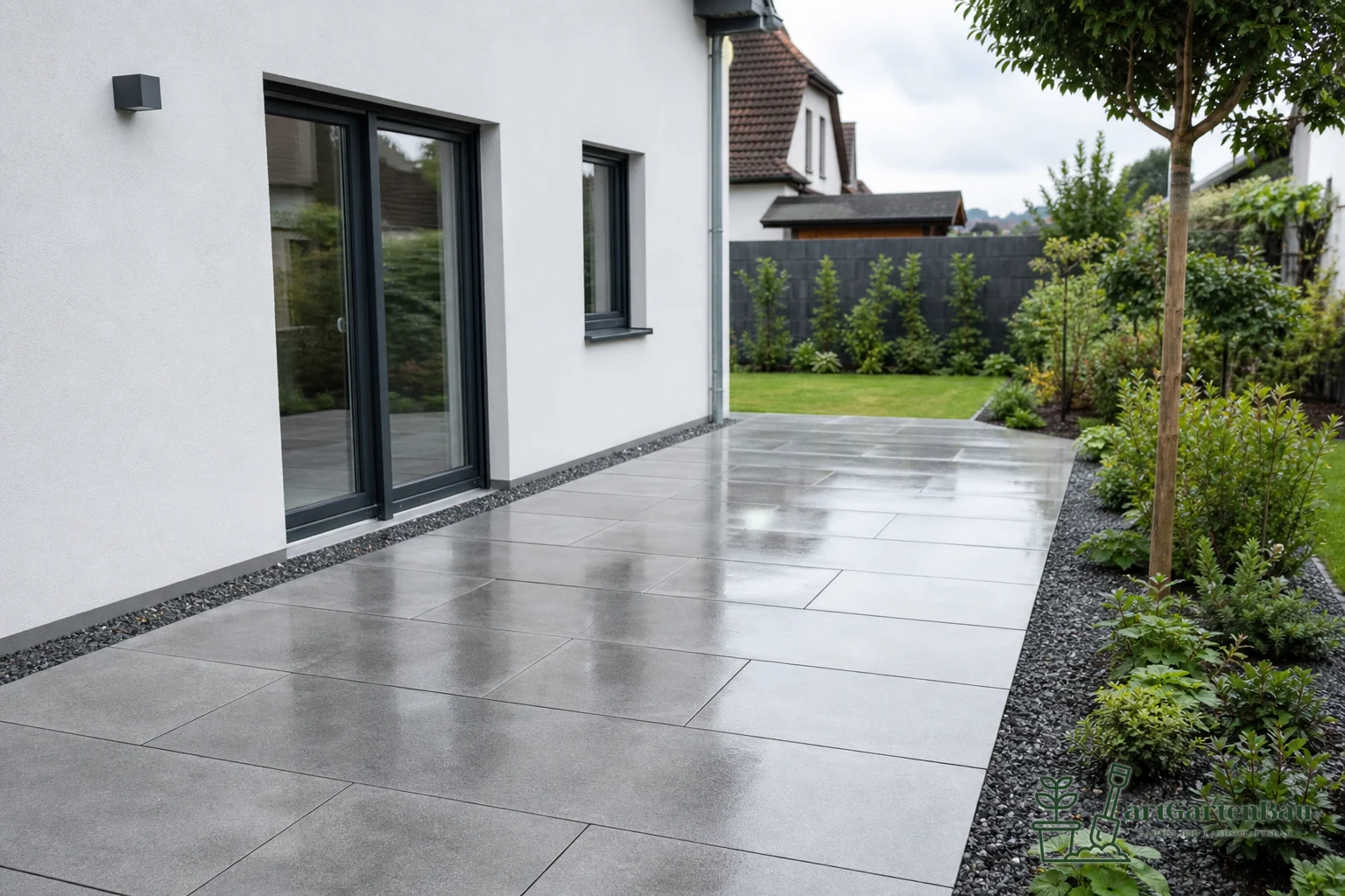Moderne Terrasse mit grauen großformatigen Platten und bepflanztem Rand
