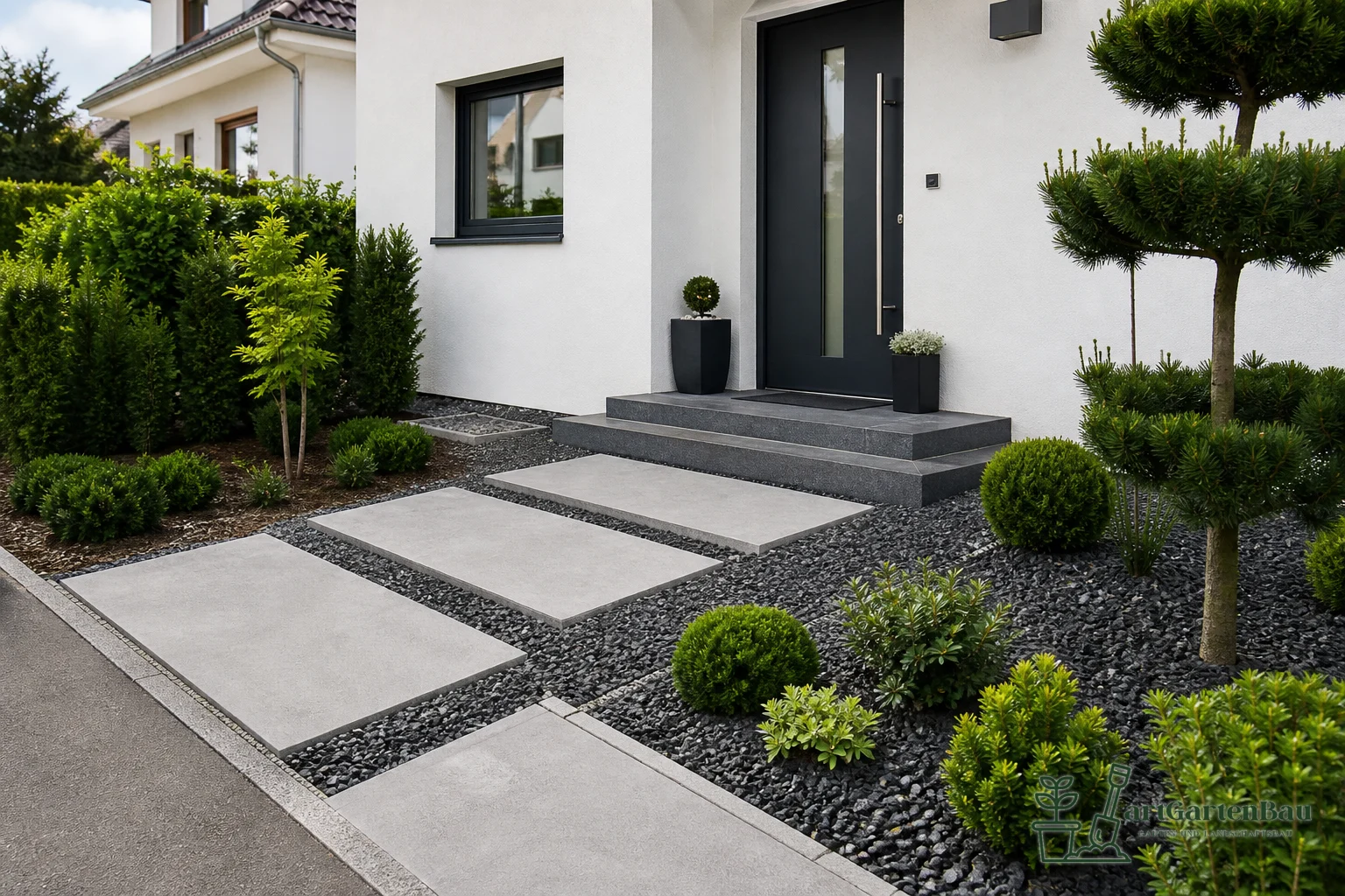 Hauszugang mit Betontrittplatten, dunklem Kies und gepflegten Formgehölzen