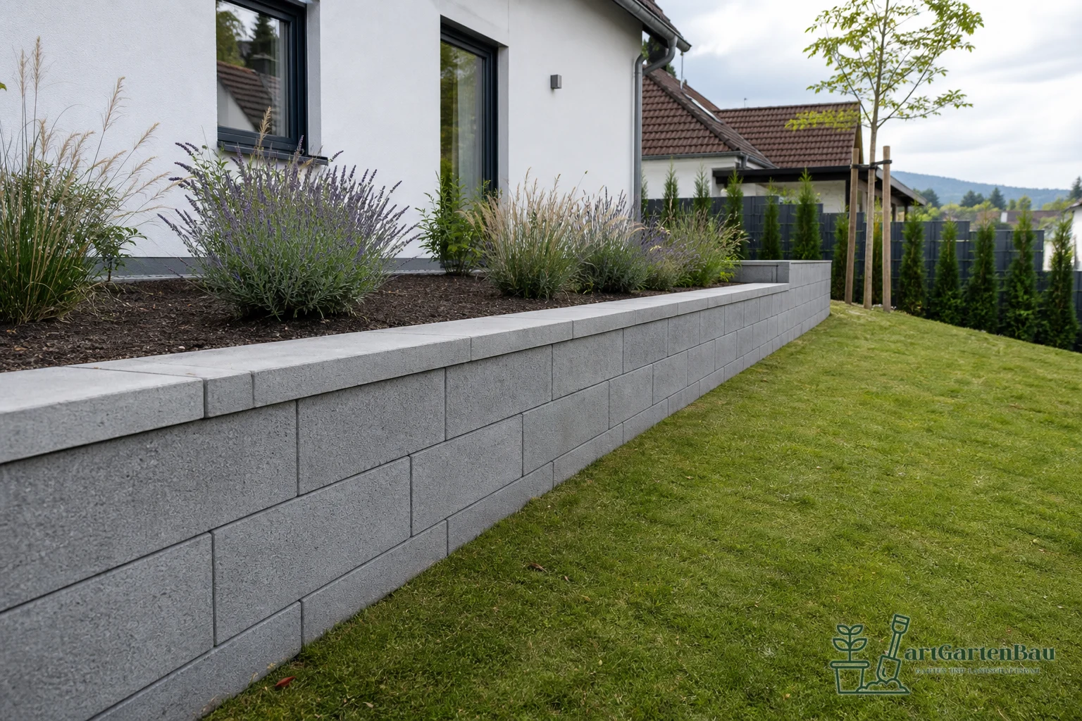 Gartenmauer mit Hochbeet, Rasenfläche und Zierpflanzen