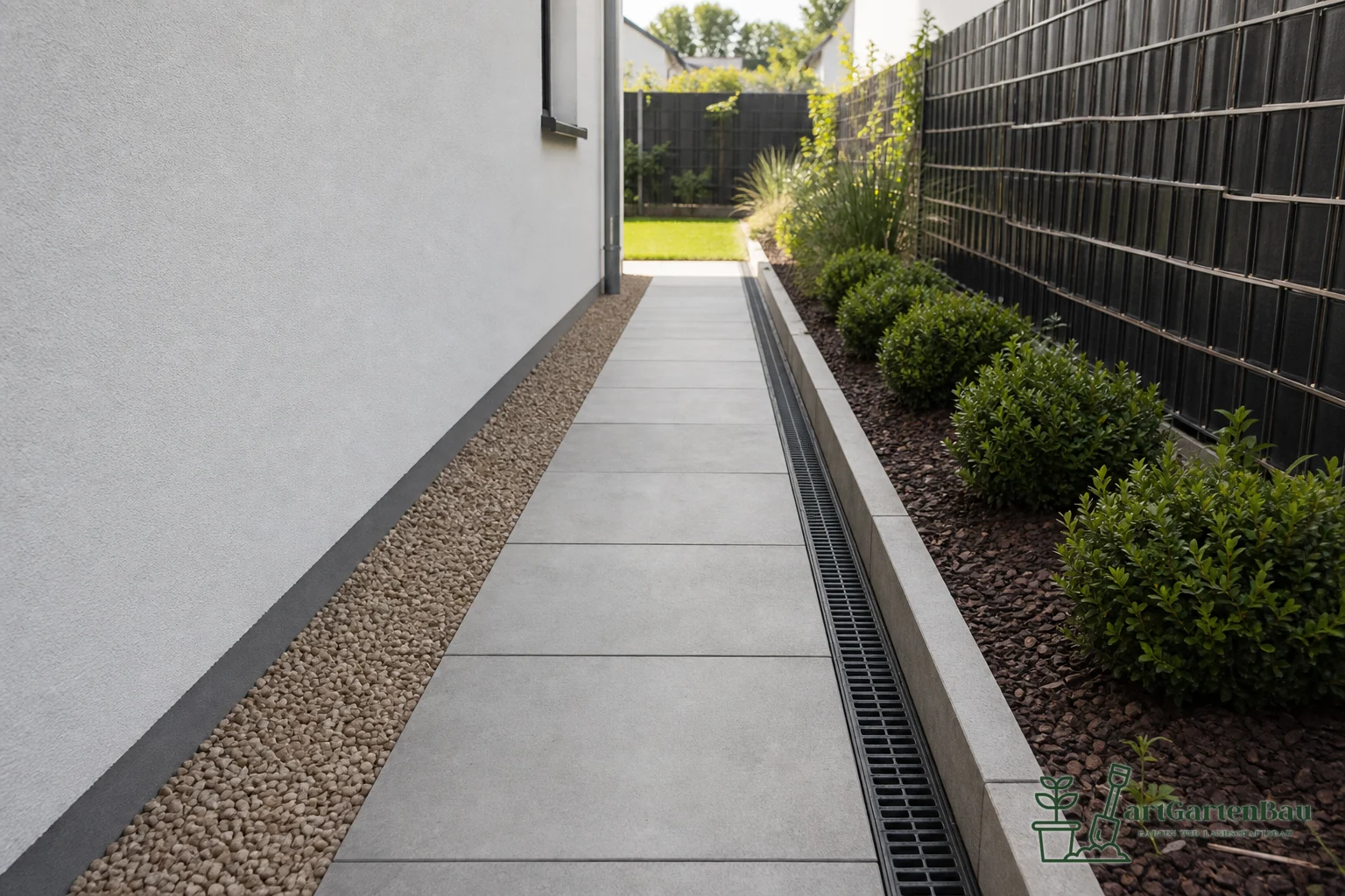 Schmaler Seitenweg mit großen Platten, Kiesstreifen und Bepflanzung