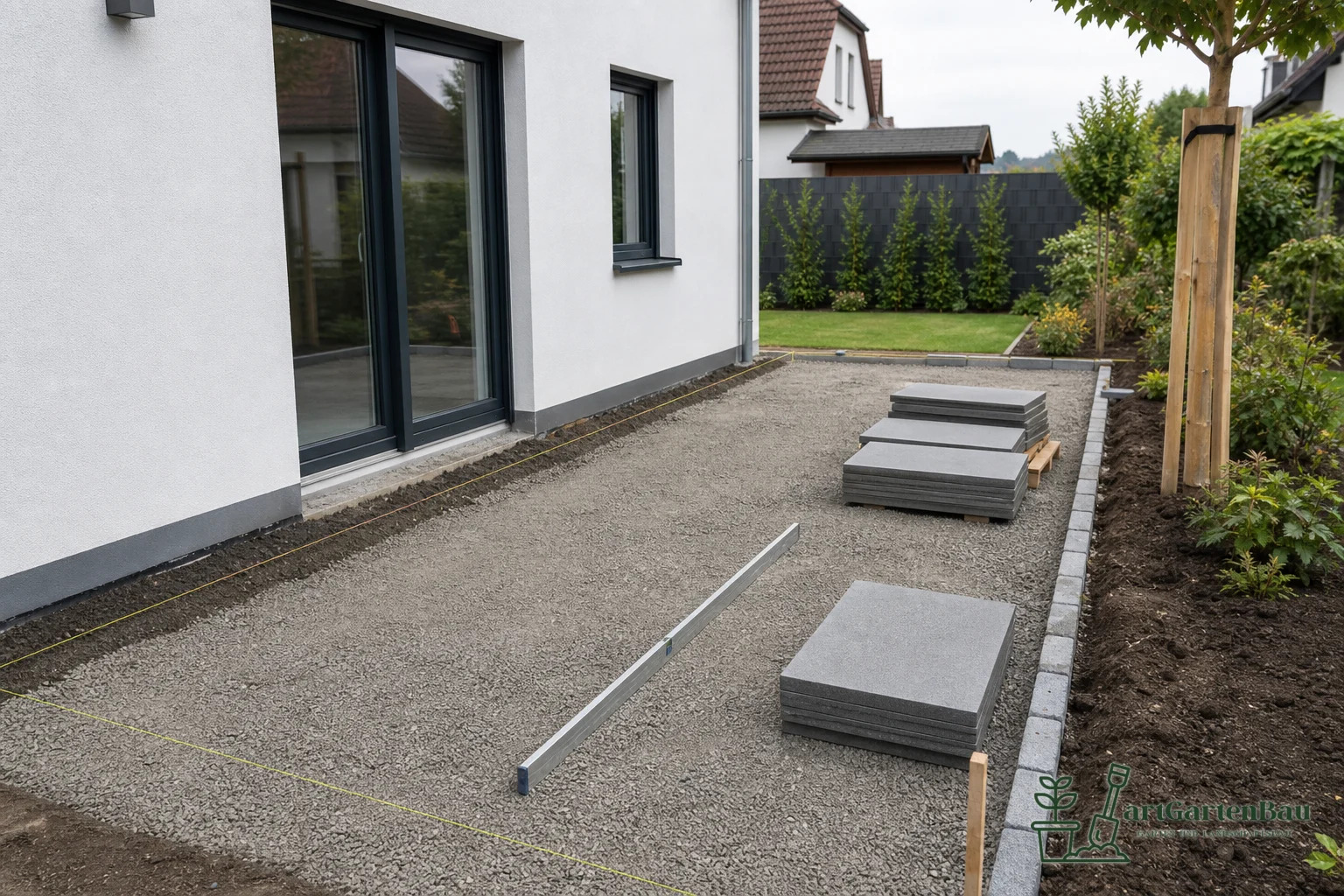 Gartenbereich mit vorbereiteter Fläche, Platten und sauberem Randabschluss