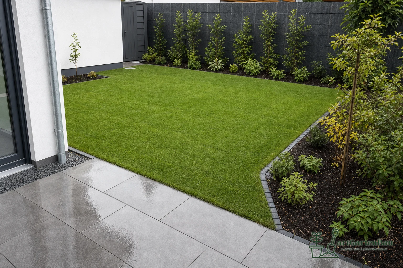 Neu angelegte Rasenfläche mit Terrasse und gepflegtem Pflanzbeet