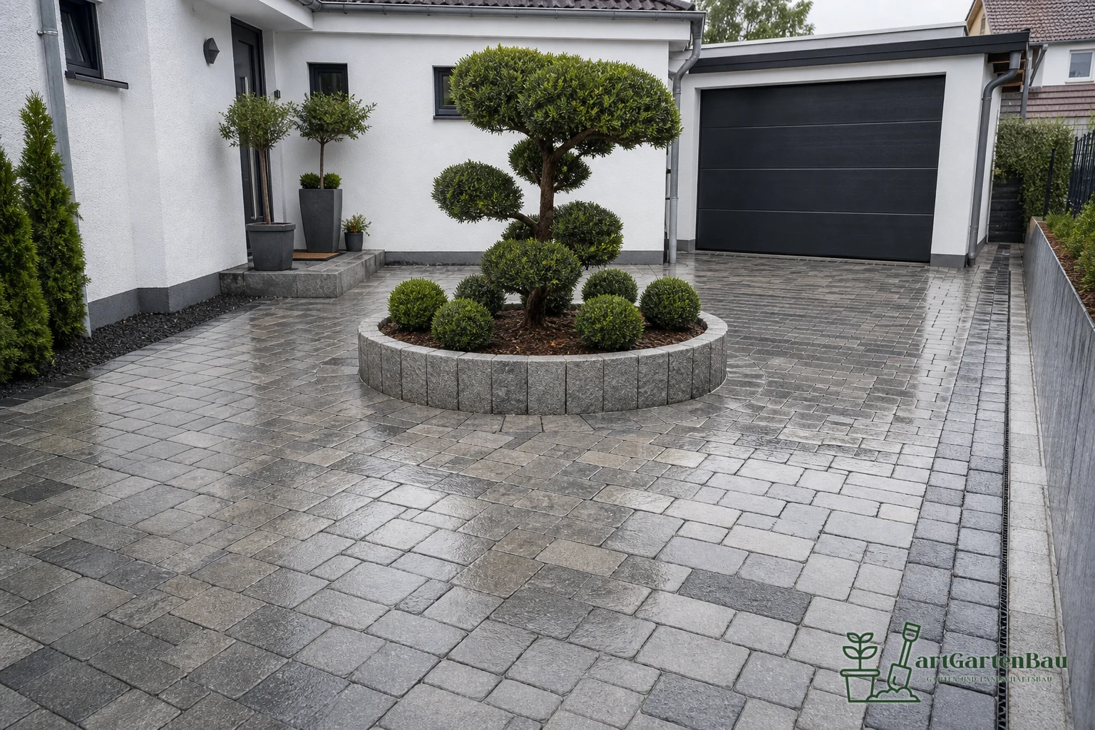 Gepflasterter Hof mit rundem Pflanzbeet und moderner Garagenzufahrt