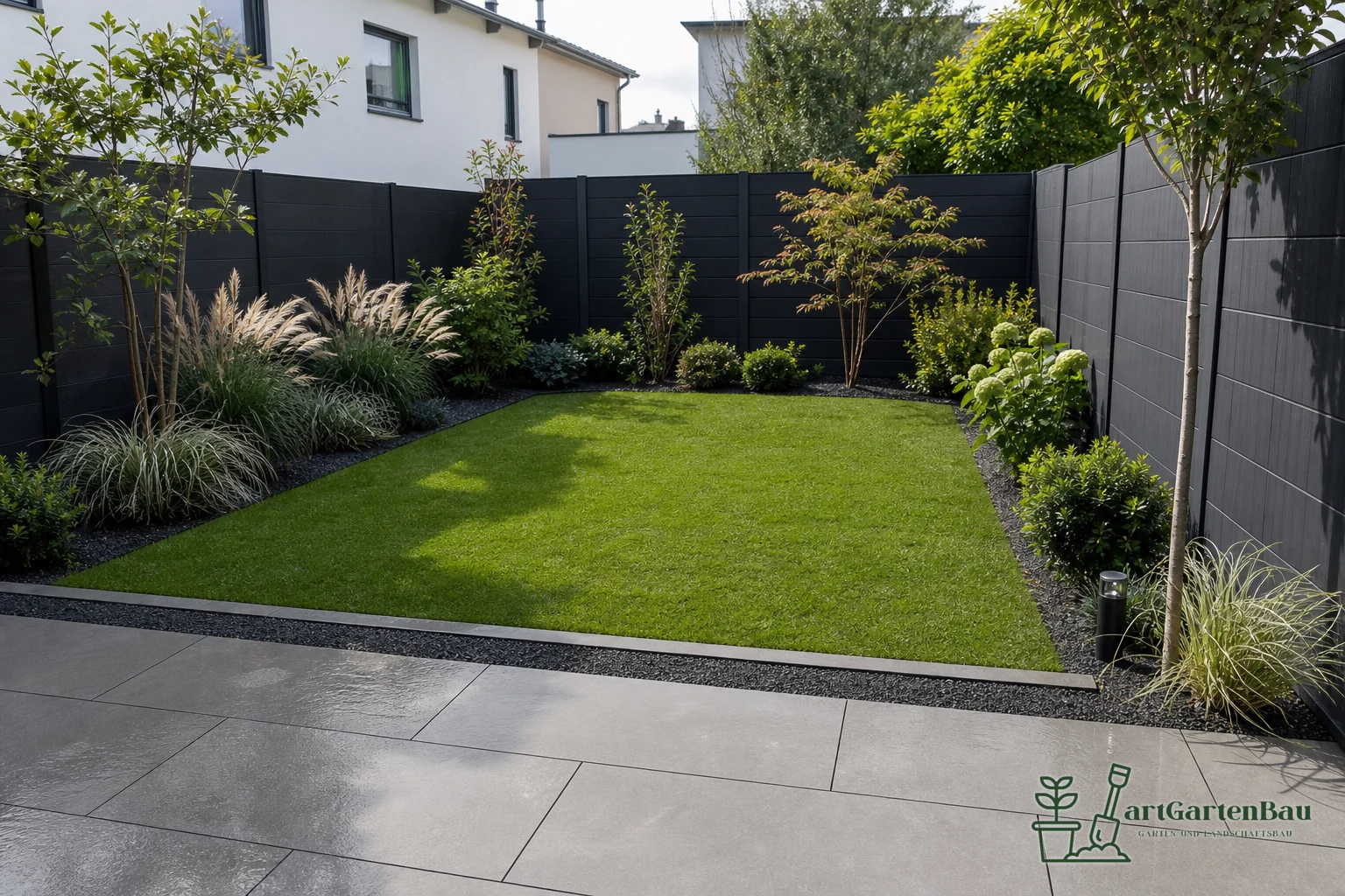 Kompakter Garten mit Rasen, Pflanzbeeten und Sichtschutzzaun
