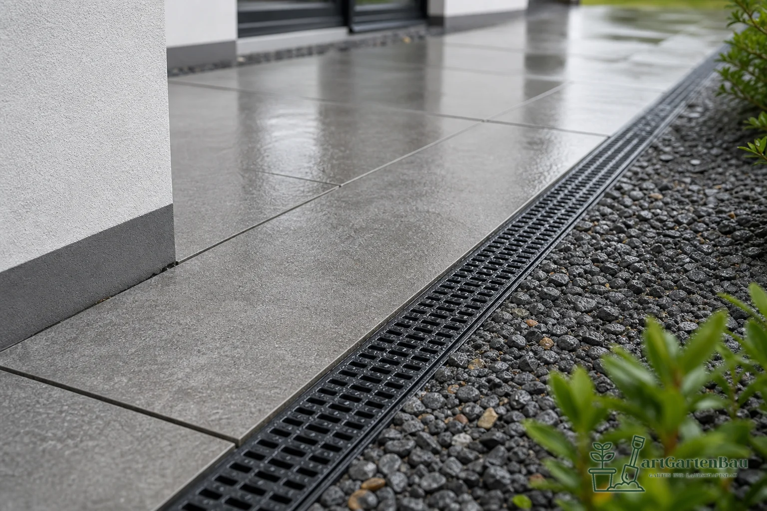 Detailansicht einer Entwässerungsrinne zwischen Terrassenplatten und Kies
