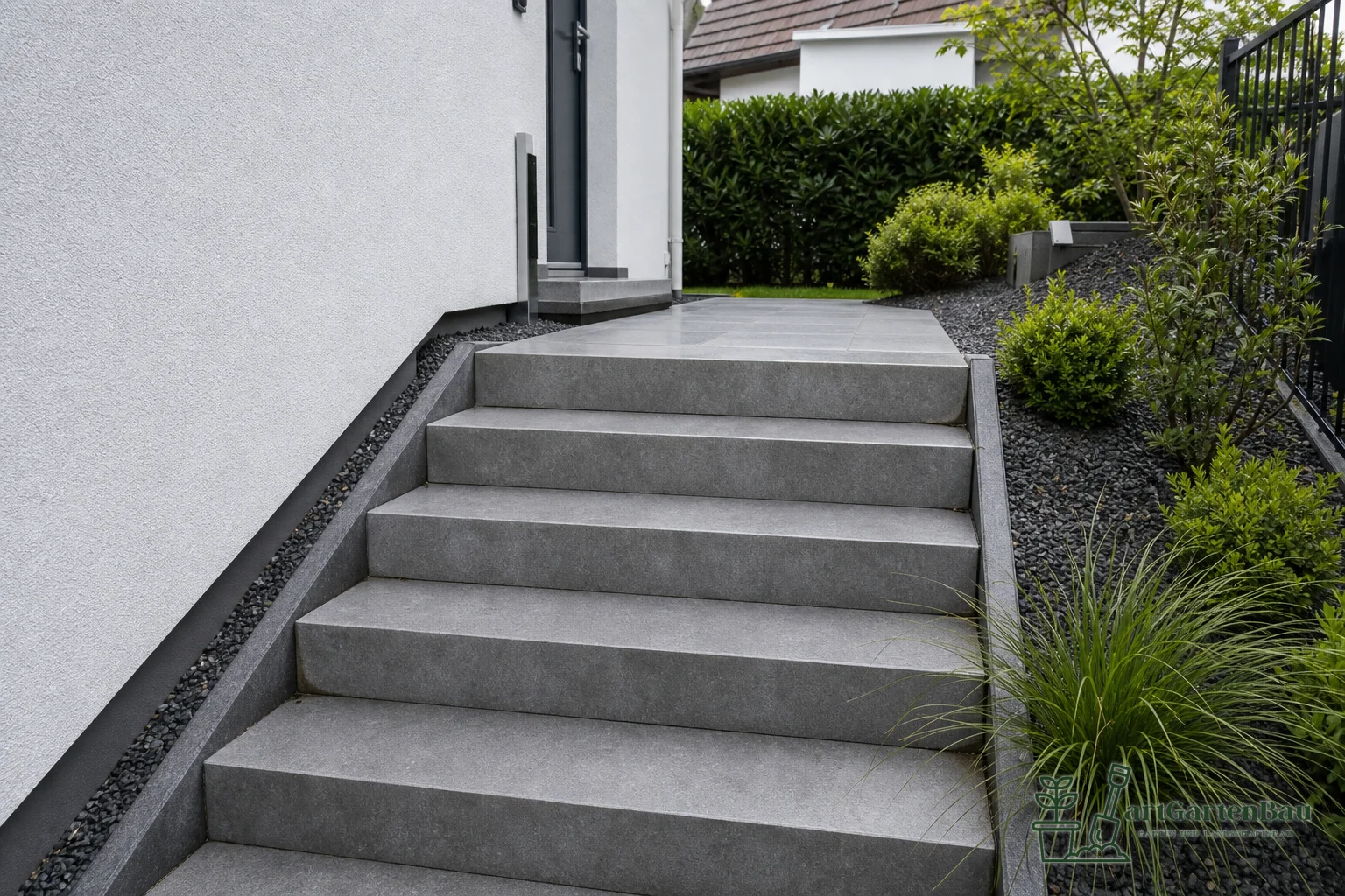 Außentreppe aus grauen Betonstufen mit sauberer Gartenbepflanzung