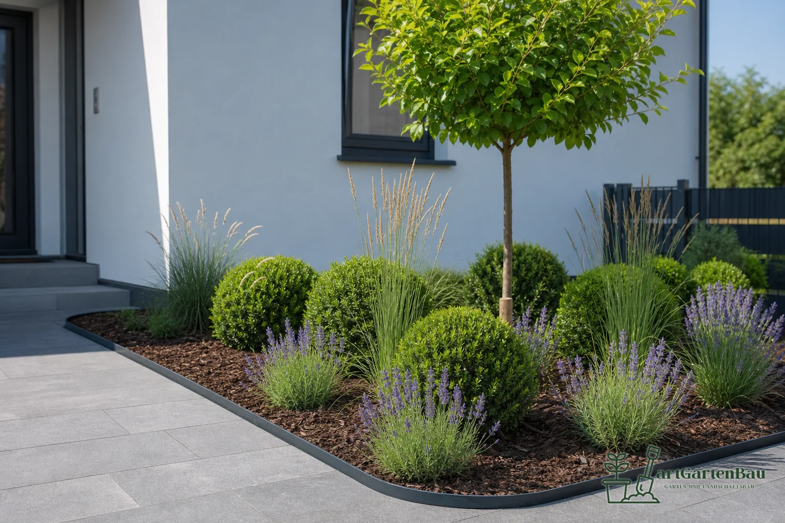 Modernes Pflanzbeet mit Mulch, Lavendel, Gräsern und klarer Einfassung