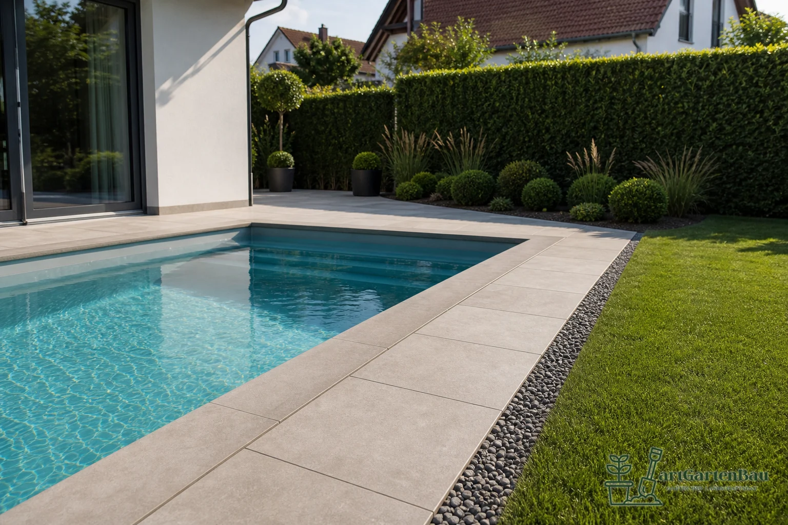 Poolterrasse mit hellem Plattenbelag, Rasen und Hecke