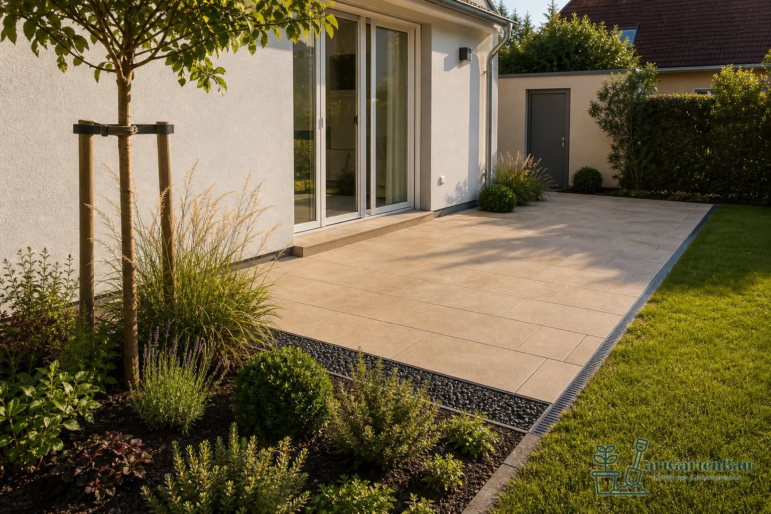 Helle Gartenterrasse mit Rasenrand und pflegeleichter Bepflanzung